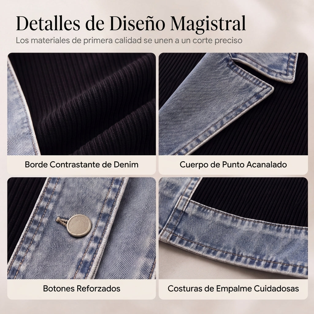 Women's ribbed knit jacket with denim panels