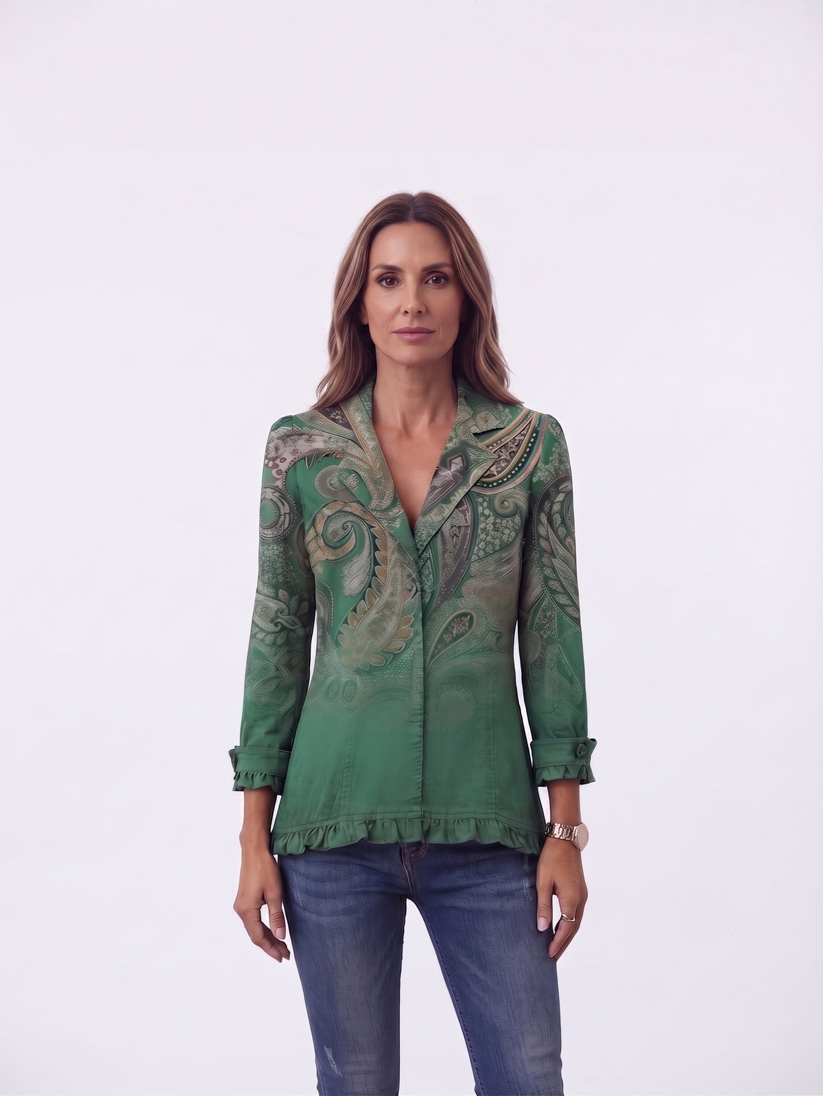 Virginia | Green paisley print jacket with ruffles