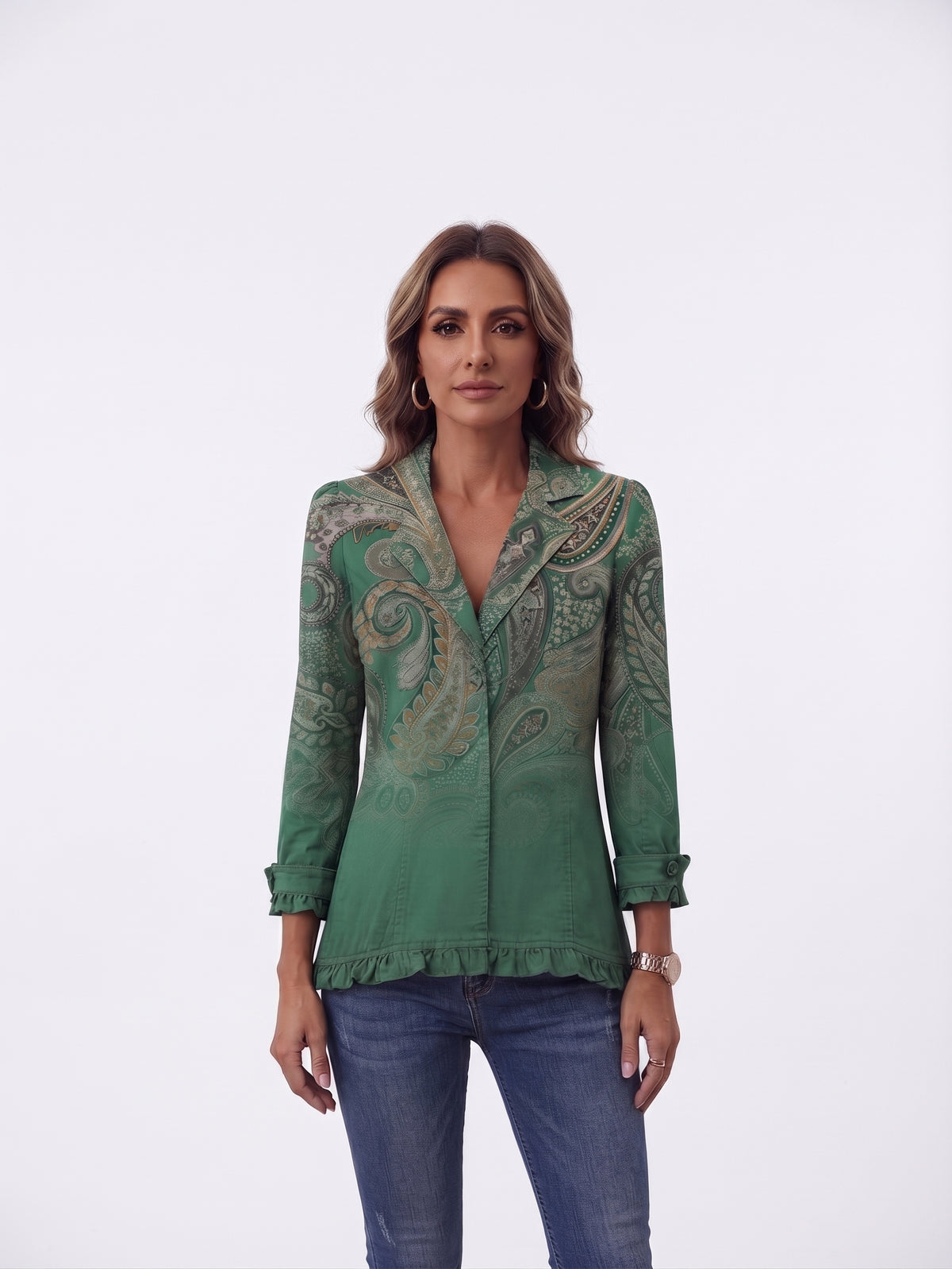 Virginia | Chaqueta verde con estampado de cachemir y volantes