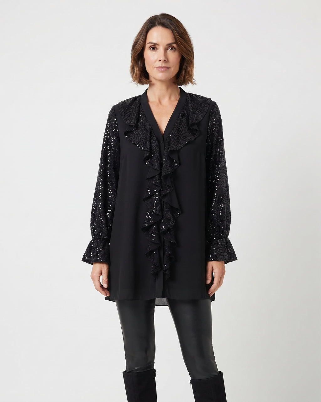Plain loose-fit blouse with ruffles