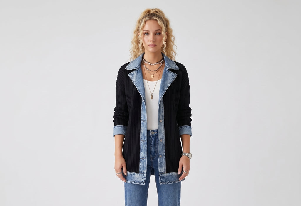 Women's ribbed knit jacket with denim panels