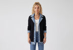 Women's ribbed knit jacket with denim panels