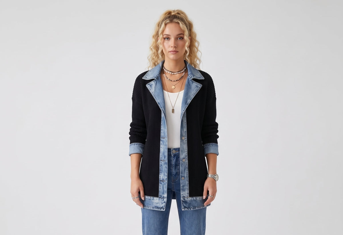 Chaqueta de punto acanalado con paneles de denim para mujer