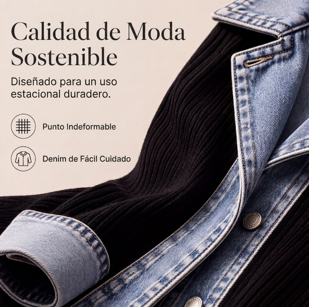 Chaqueta de punto acanalado con paneles de denim para mujer