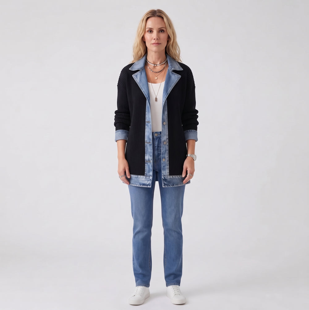 Women's ribbed knit jacket with denim panels