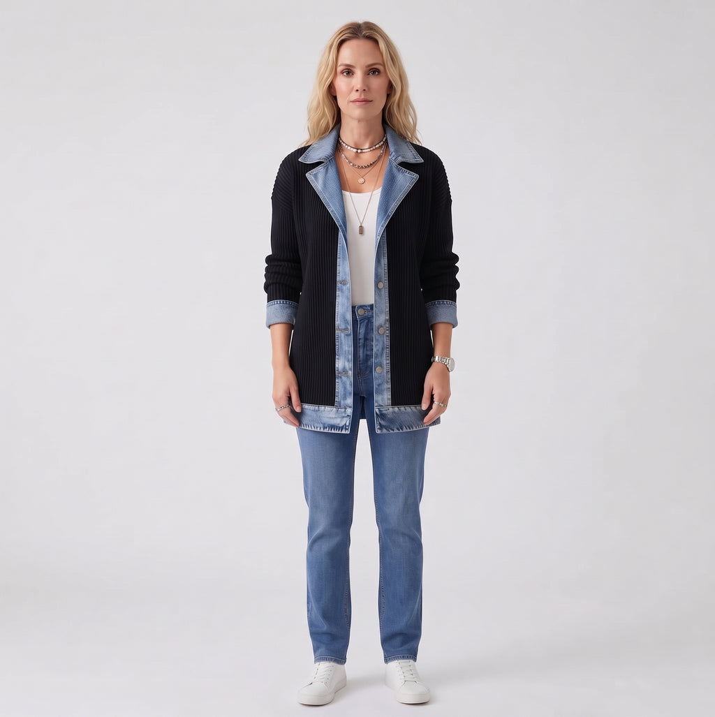 Women's ribbed knit jacket with denim panels