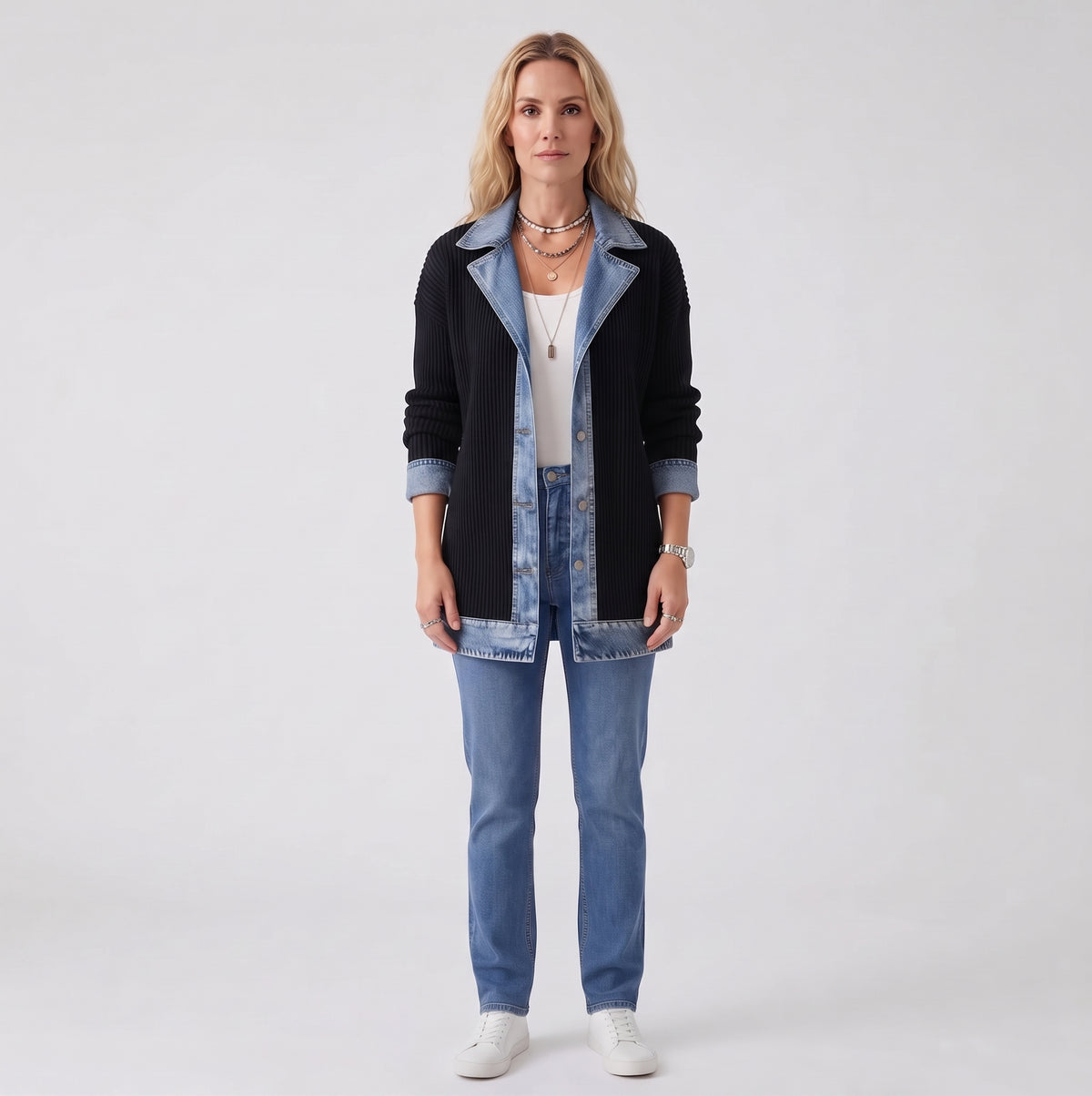Chaqueta de punto acanalado con paneles de denim para mujer