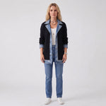 Chaqueta de punto acanalado con paneles de denim para mujer