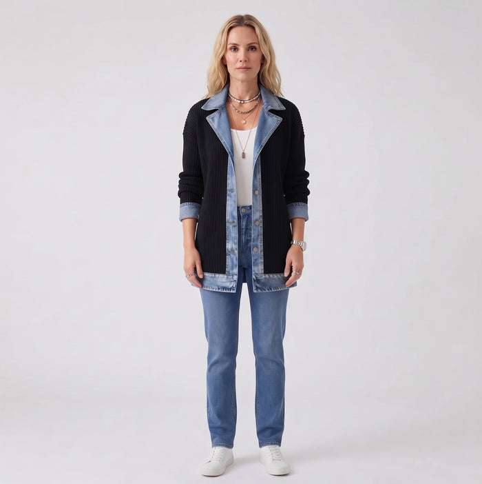 Marga | Chaqueta de punto acanalado con paneles de denim