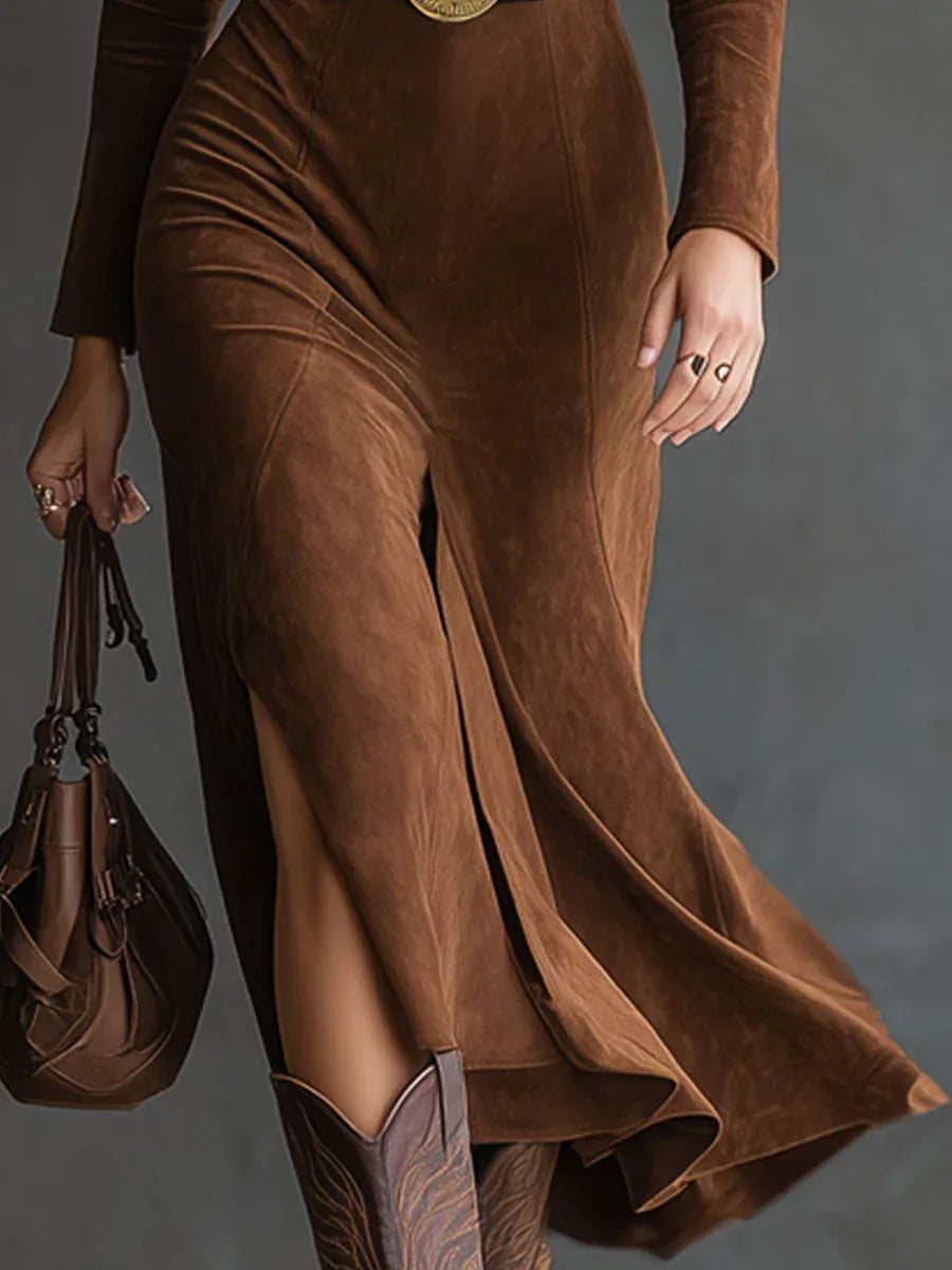 Fátima | Vestido Midi Retro de Estilo Western con Solapa, Antelina y Abertura (Cinturón incluido)