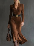 Fátima | Vestido Midi Retro de Estilo Western con Solapa, Antelina y Abertura (Cinturón incluido)
