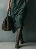 Jara | Vestido Midi Verde Holgado de Ante con Solapa y Manga Larga