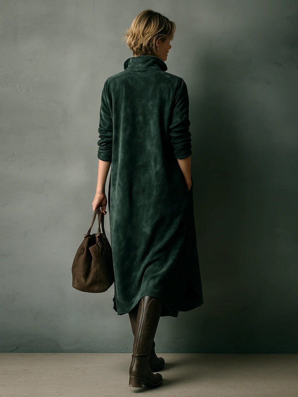 Jara | Vestido Midi Verde Holgado de Ante con Solapa y Manga Larga