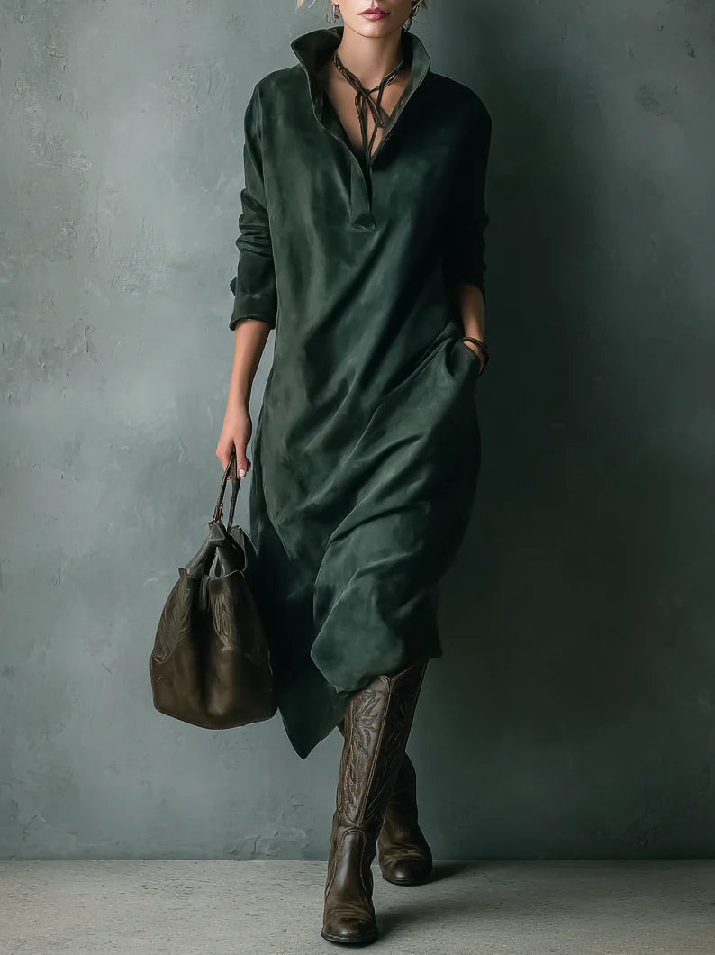 Jara | Vestido Midi Verde Holgado de Ante con Solapa y Manga Larga