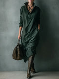 Jara | Vestido Midi Verde Holgado de Ante con Solapa y Manga Larga