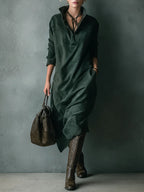 Jara | Vestido Midi Verde Holgado de Ante con Solapa y Manga Larga