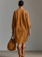 Sabina | Vestido Midi Estampado Holgado con Solapa, Escote en V y Manga Larga