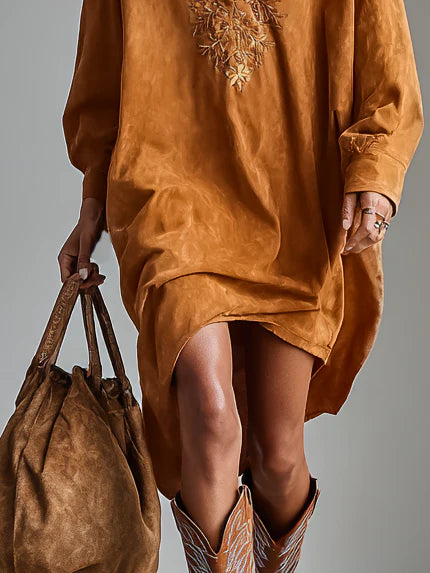 Sabina | Vestido Midi Estampado Holgado con Solapa, Escote en V y Manga Larga