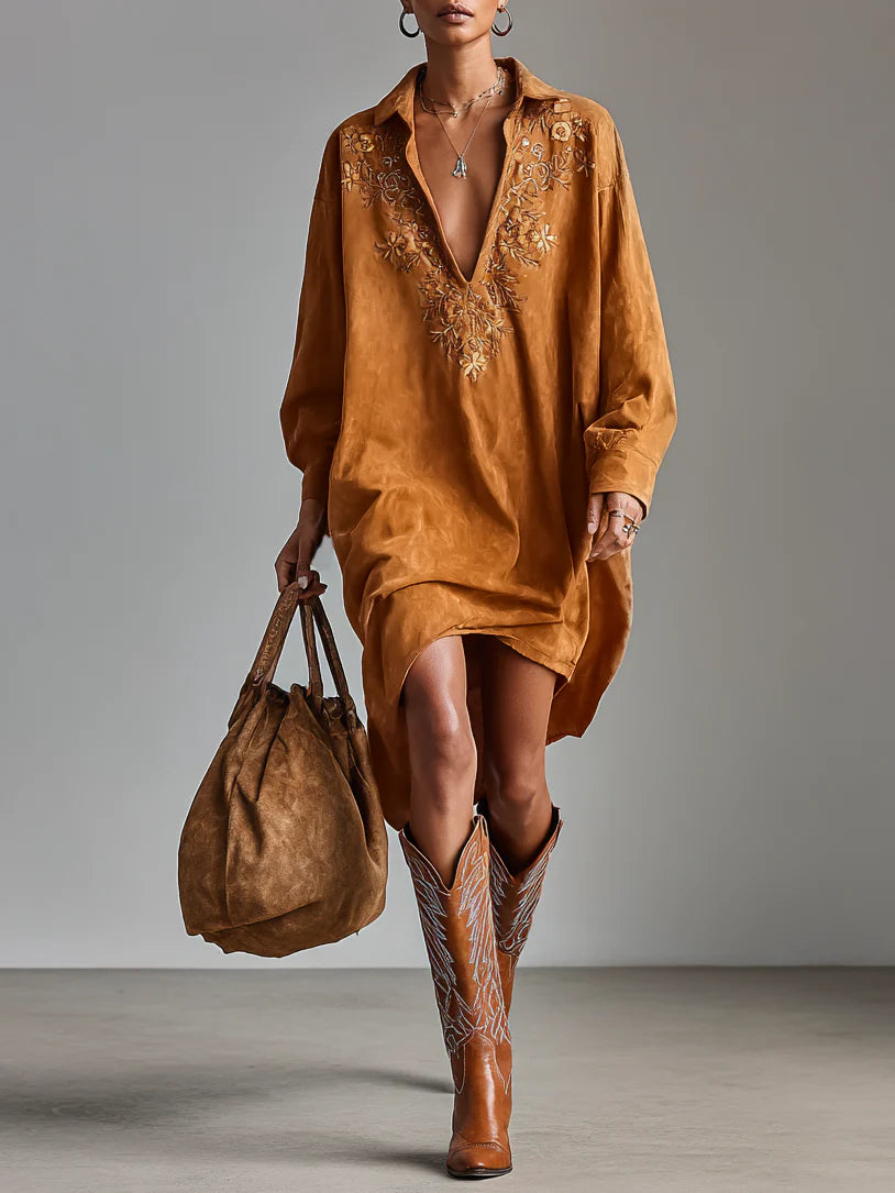 Sabina | Vestido Midi Estampado Holgado con Solapa, Escote en V y Manga Larga