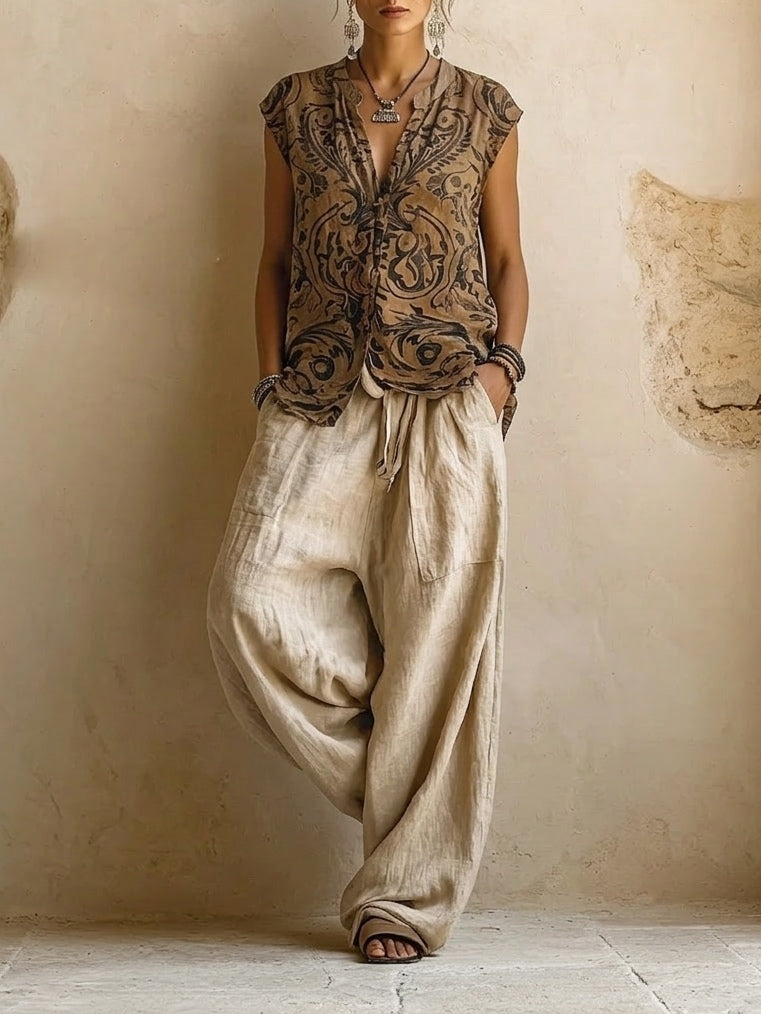 Lina | Conjunto de Tres Piezas con Top, Pantalón Ancho y Chaqueta Larga