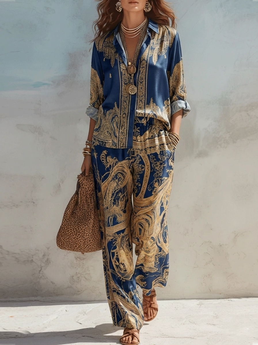 Silvia | Conjunto de Dos Piezas Azul Marino con Estampado Barroco Dorado