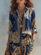 Silvia | Conjunto de Dos Piezas Azul Marino con Estampado Barroco Dorado