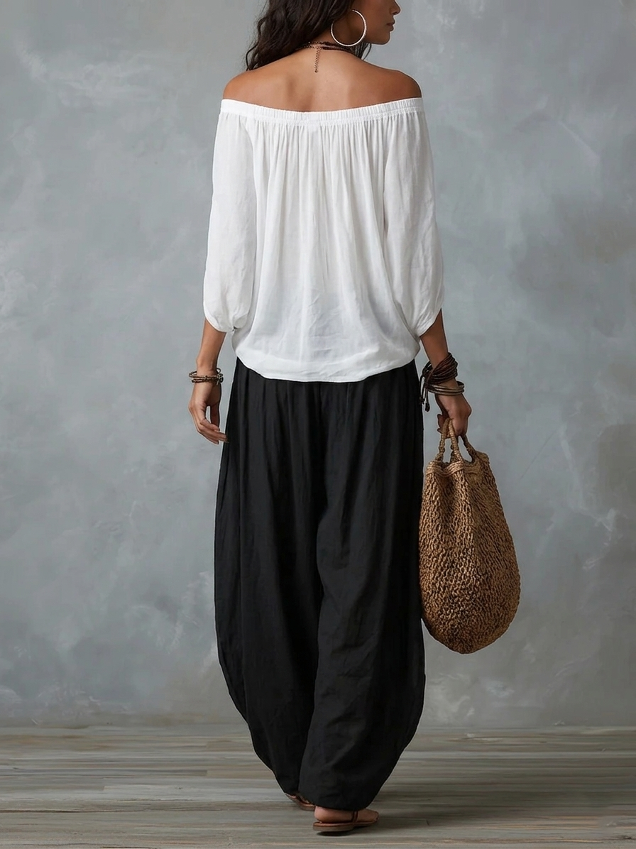 Alba | Conjunto blanco con hombros descubiertos y pantalones tipo farol