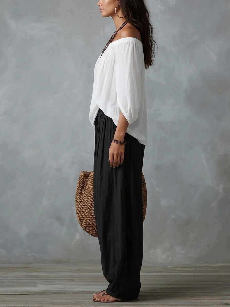 Alba | Conjunto blanco con hombros descubiertos y pantalones tipo farol