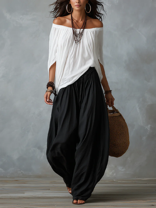 Alba | Conjunto blanco con hombros descubiertos y pantalones tipo farol