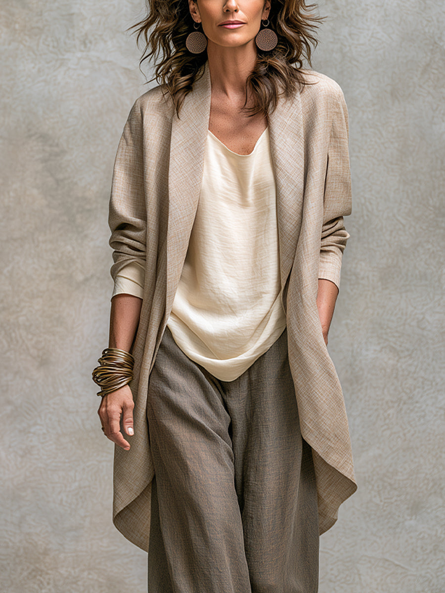 Laura | Conjunto de Tres Piezas con Chaqueta Larga, Top y Pantalón Ancho