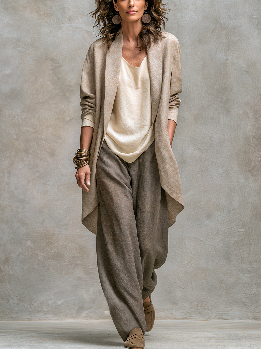 Laura | Conjunto de Tres Piezas con Chaqueta Larga, Top y Pantalón Ancho