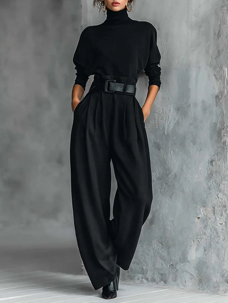 Inés | Conjunto Negro de Top de Cuello Alto y Pantalón Ancho