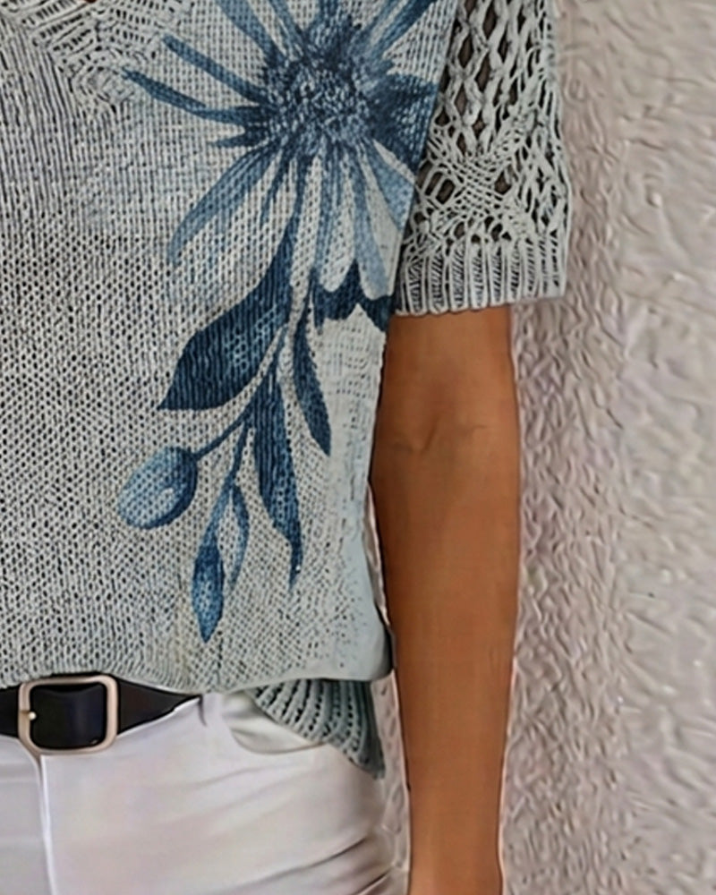 V-neck floral print knit blouse