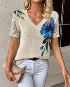 V-neck floral print knit blouse