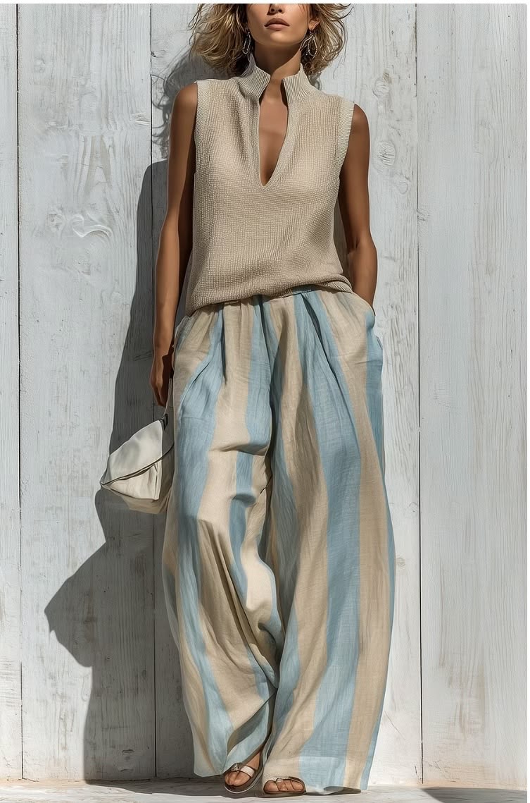 Alba | Conjunto de Top Sin Mangas y Pantalón Ancho de Rayas