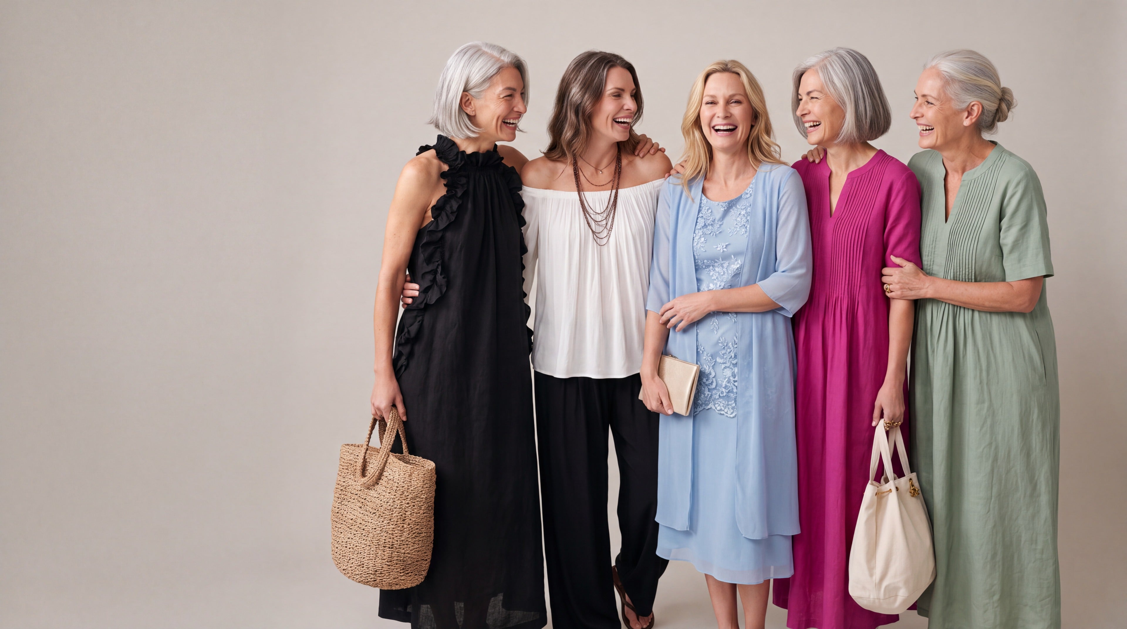 Cinco mujeres sonriendo juntas con conjuntos de distintos colores