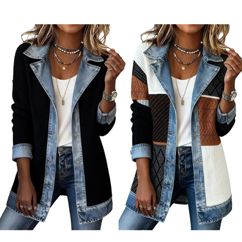 Chaqueta de punto acanalado con paneles de denim para mujer