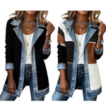 Chaqueta de punto acanalado con paneles de denim para mujer