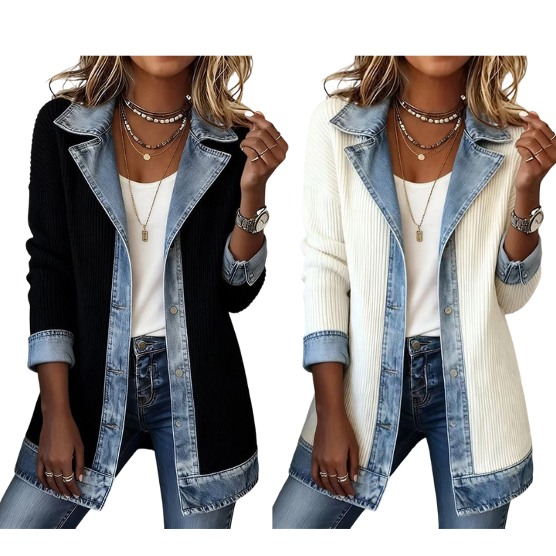 Chaqueta de punto acanalado con paneles de denim para mujer