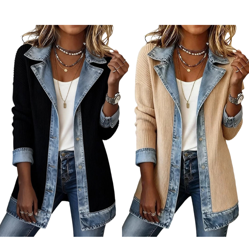 Chaqueta de punto acanalado con paneles de denim para mujer