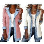 Chaqueta de punto acanalado con paneles de denim para mujer