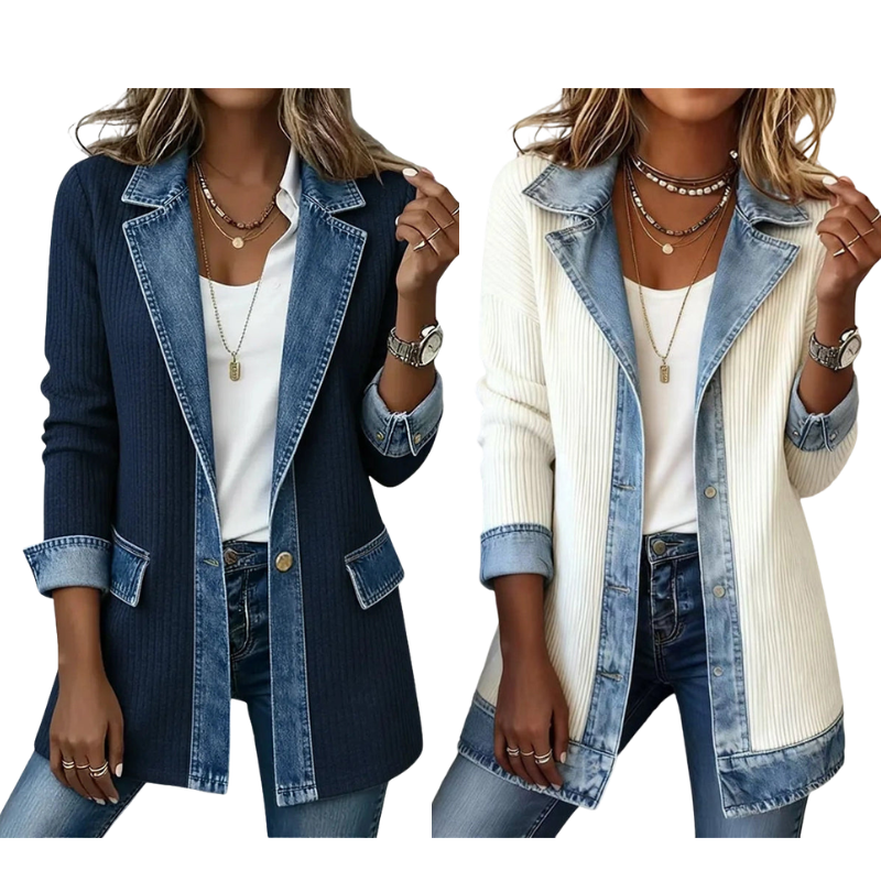 Chaqueta de punto acanalado con paneles de denim para mujer