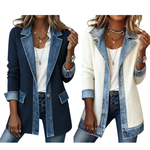 Chaqueta de punto acanalado con paneles de denim para mujer