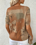 Short-sleeve crew neck printed blouse