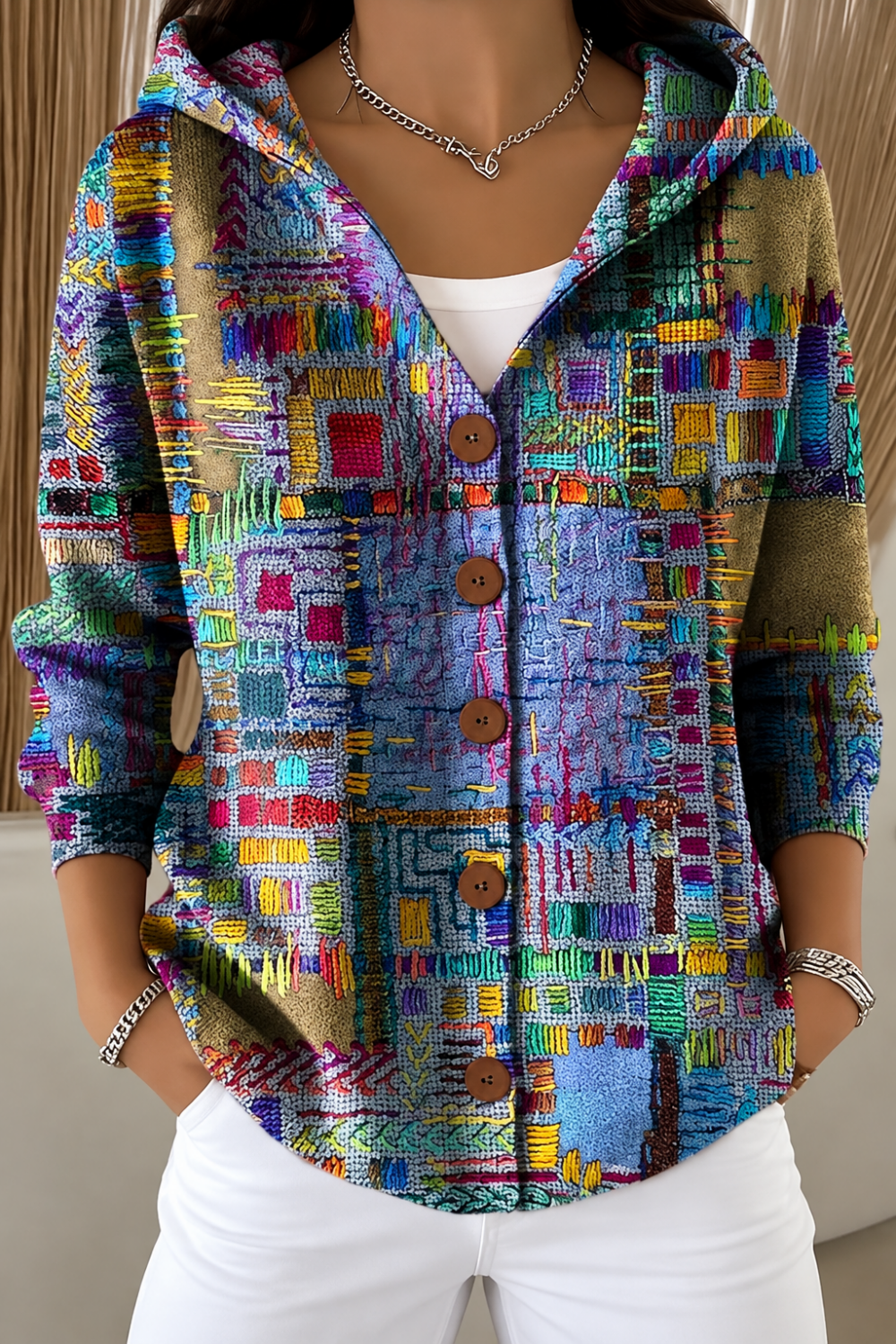 Candela | Cárdigan Artístico Estampado con Capucha y Botones - Vera Serrat