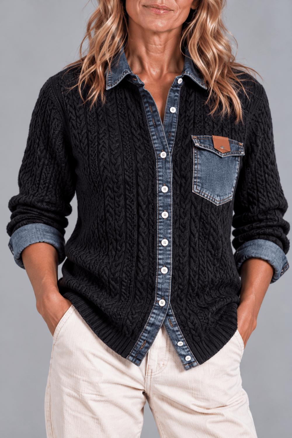 Cárdigan de Punto Trenzado con Detalles Denim - Vera Serrat