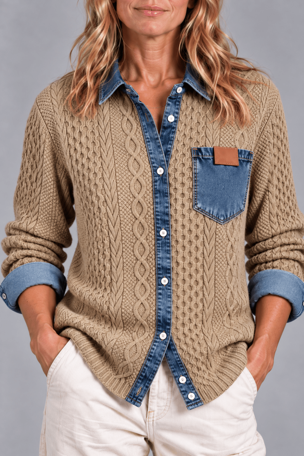 Cárdigan de Punto Trenzado con Detalles Denim - Vera Serrat