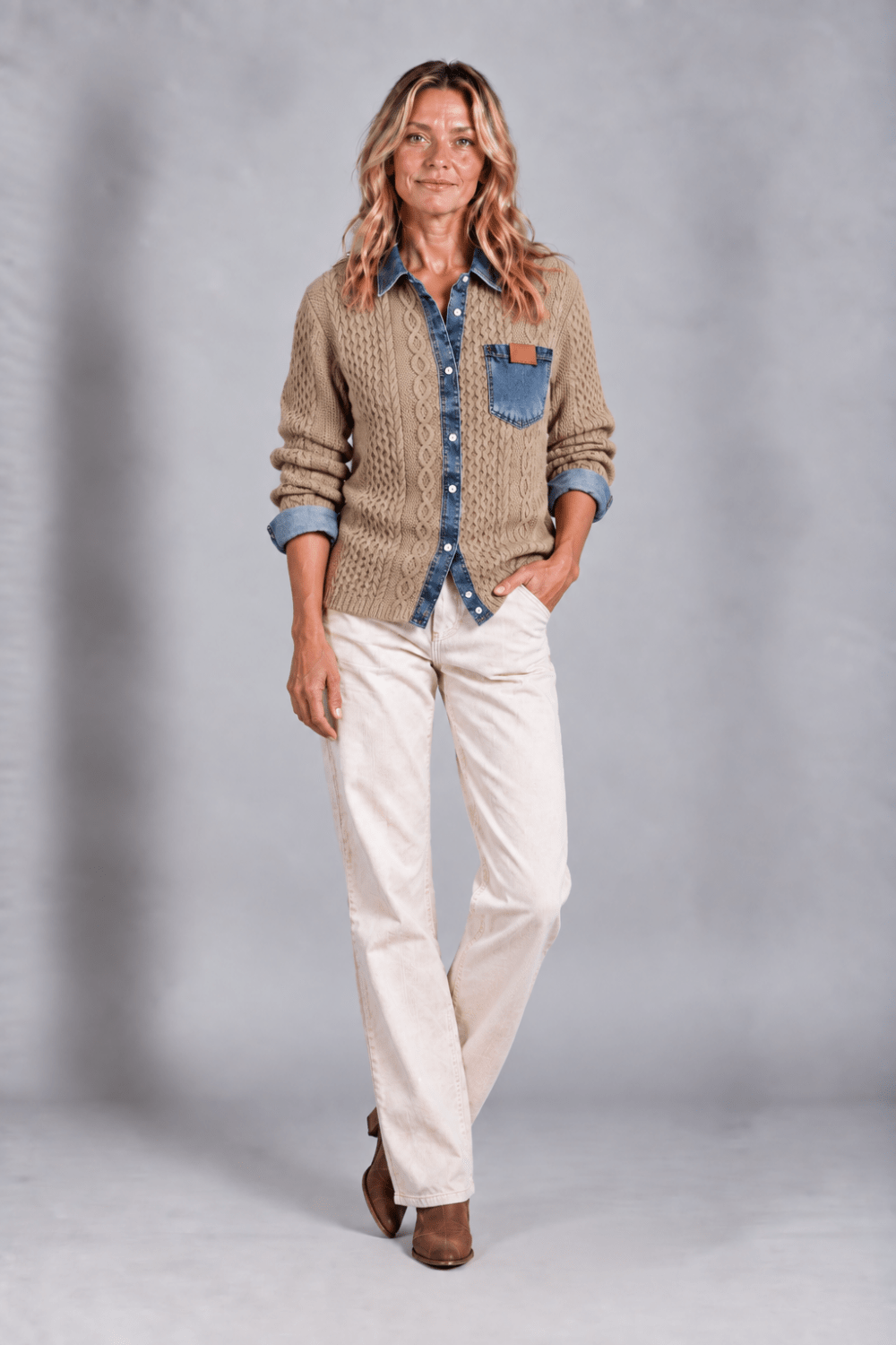 Cárdigan de Punto Trenzado con Detalles Denim - Vera Serrat