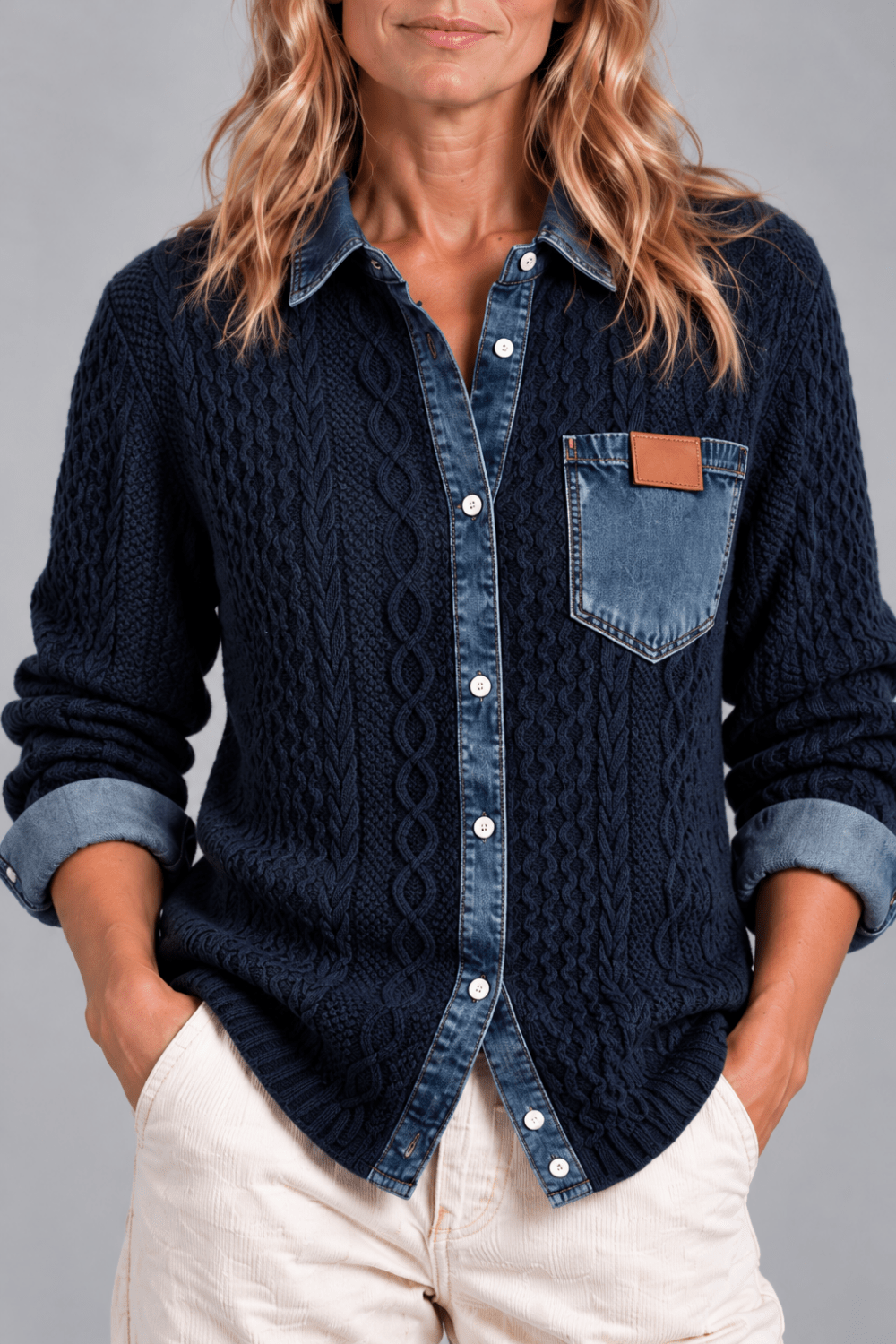 Cárdigan de Punto Trenzado con Detalles Denim - Vera Serrat