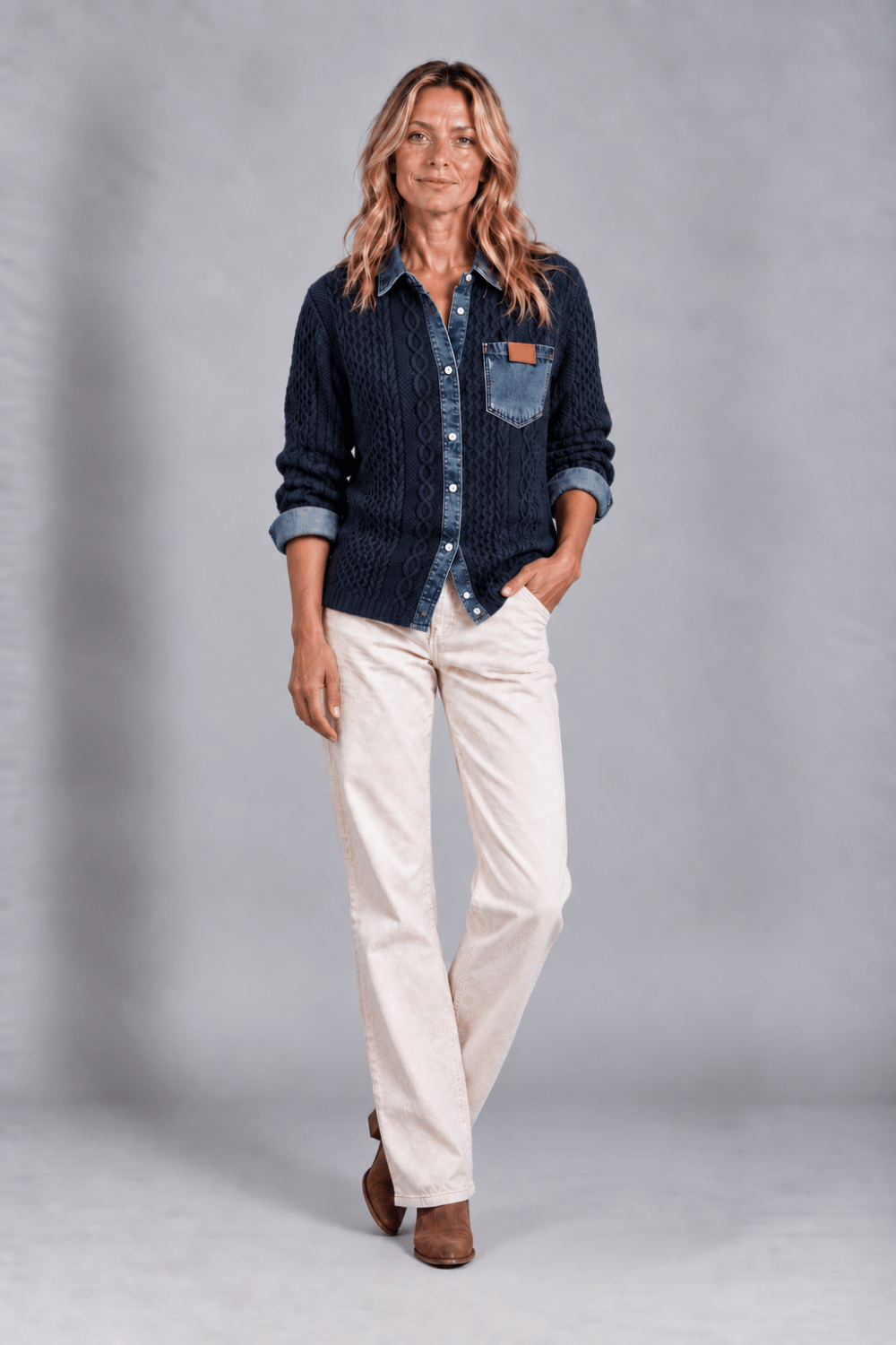 Cárdigan de Punto Trenzado con Detalles Denim - Vera Serrat
